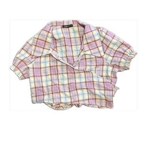 SHEIN Pastel Plaid Tie Front Crop Top XS 2 Short Sleeve Wrap Blouse